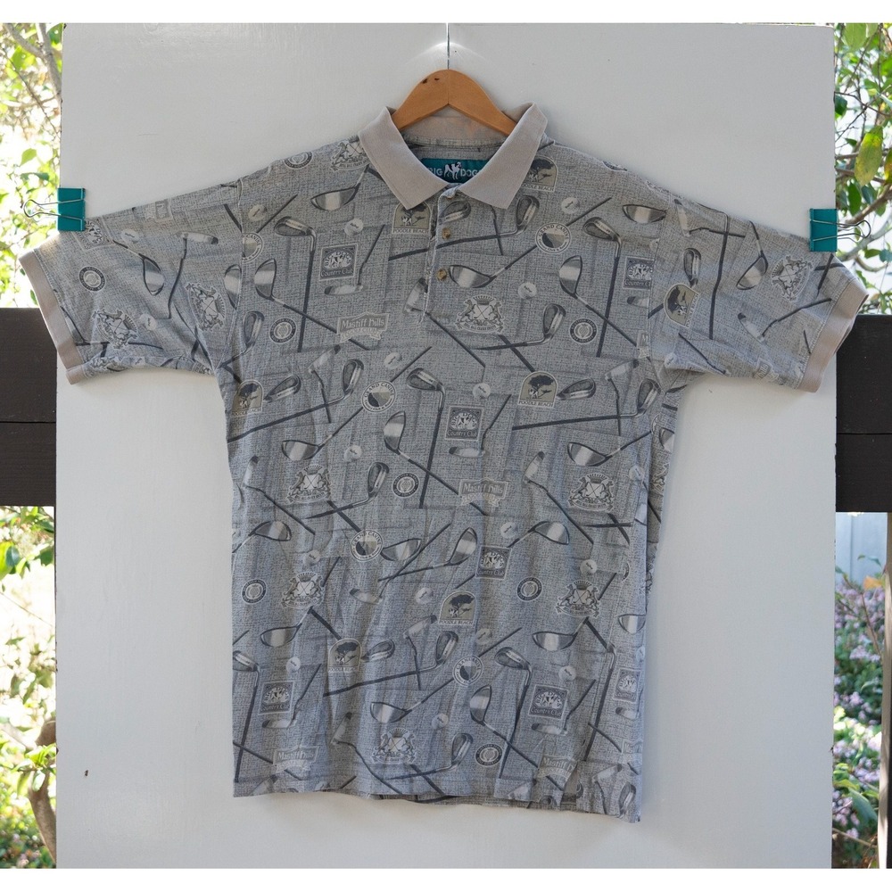 Vintage Big Dogs Golf‎ Polo Shirt All Over Print AOP Golfing Dogs Y2K Size L